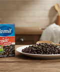 A box of camil Feijao pronto seasoned black beans