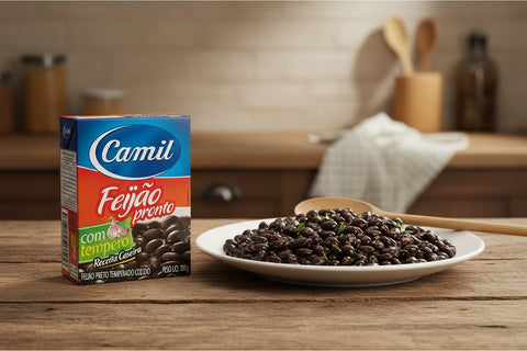 A box of camil Feijao pronto seasoned black beans