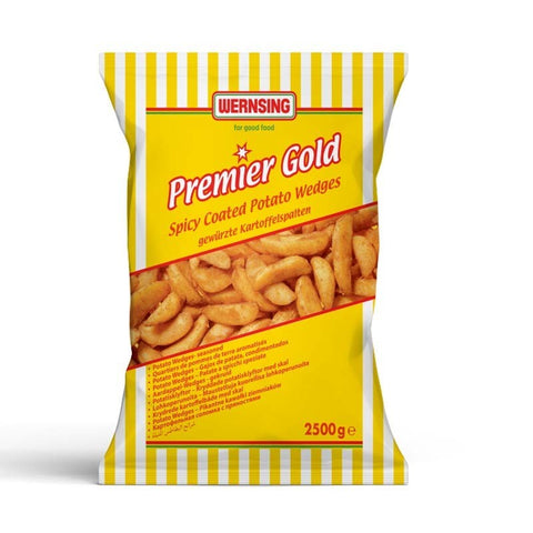 pack of frozen spicy coated potato wedges weighing 2.5kg